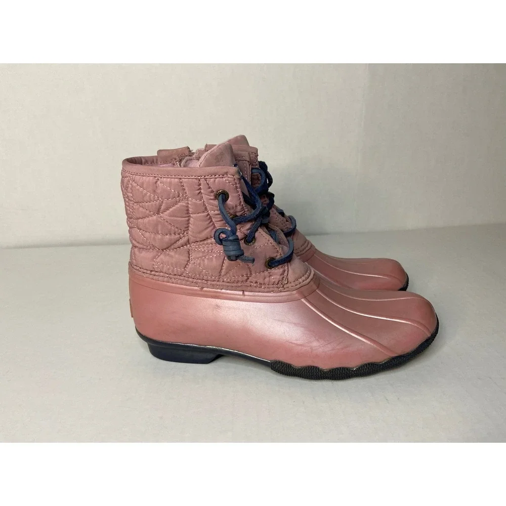 Sperry Saltwater Boots‎ Girls Pink Quilted Waterproof Lace Up Side Zip Size 5M